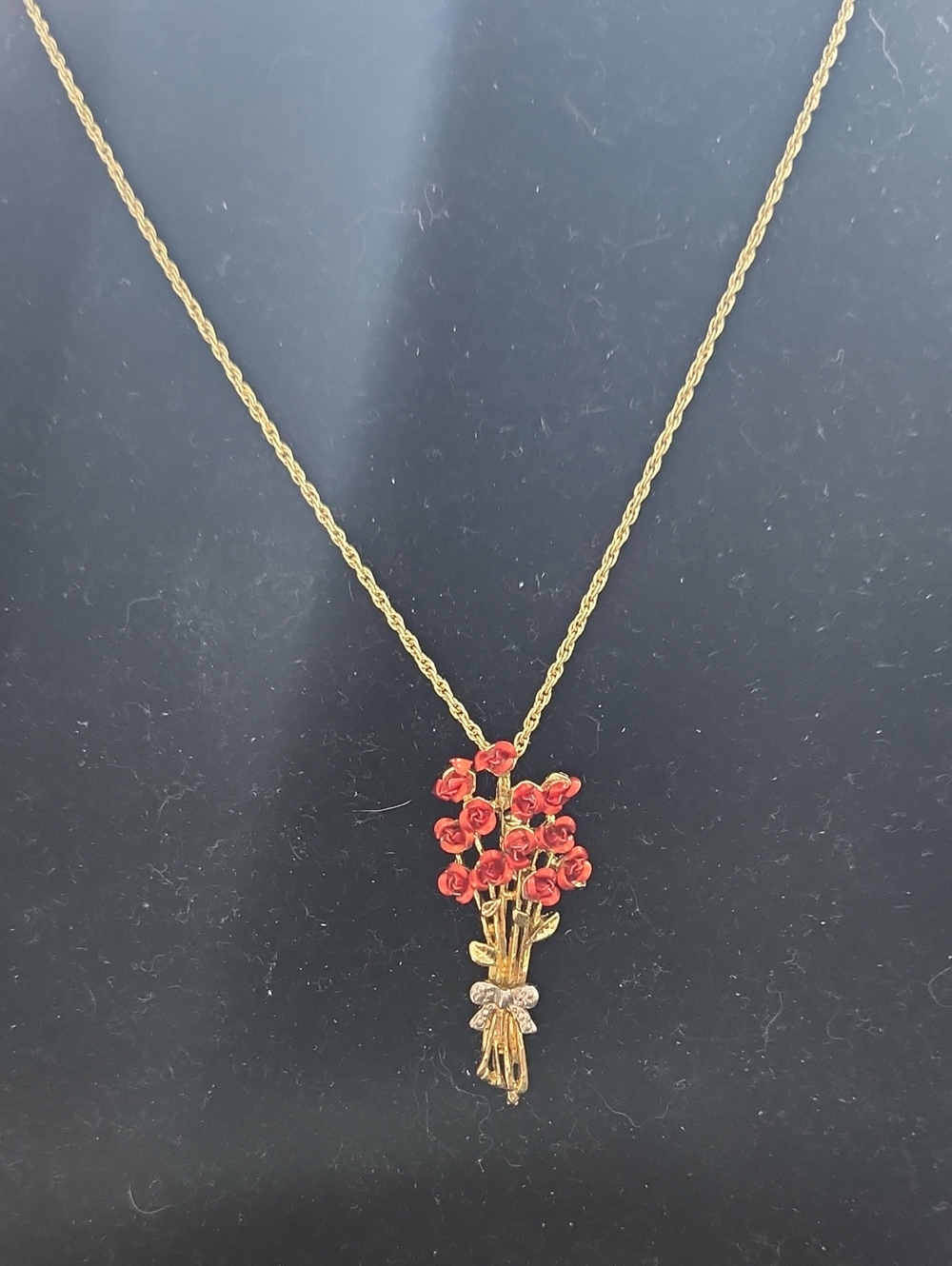 Gold-Tone Bouquet Necklace with Red Enamel Roses